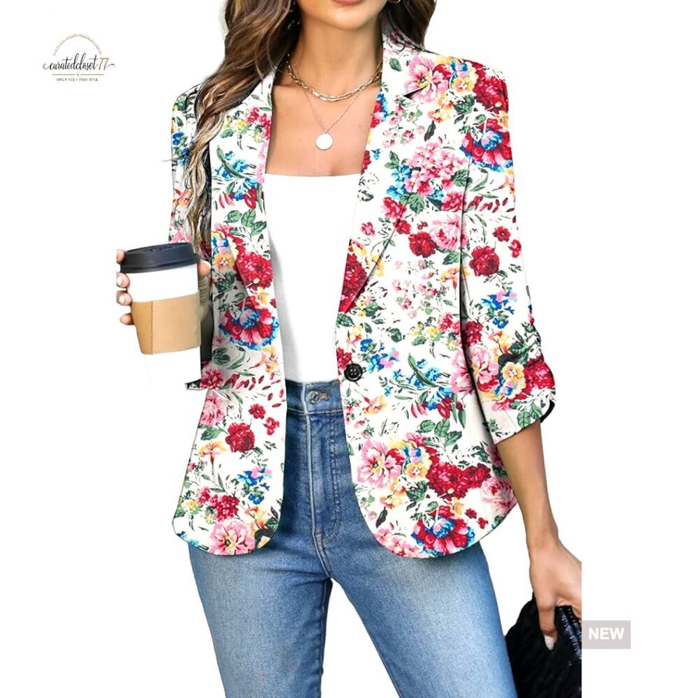 Lightweight Slim Fit Blazer with Padded Shoulders 3/4 Sleeve Business Casual